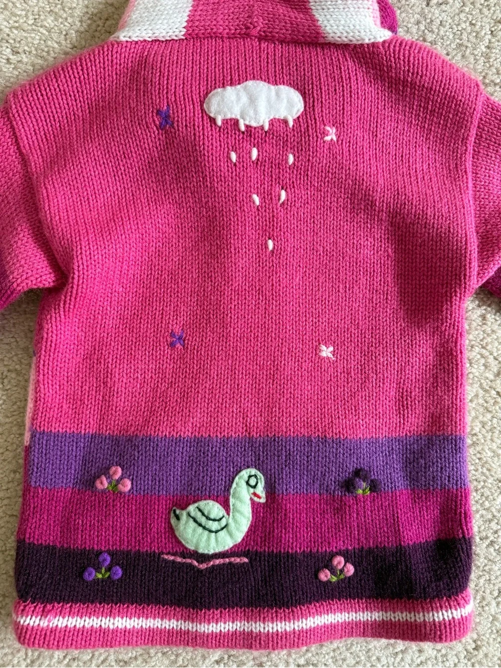 Girls' Pink Striped Hooded Knit Sweater with Animal Appliqués